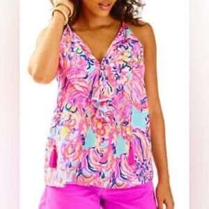 Lilly Pulitzer Lachelle Silk Top Size Medium Big Escapade Tassels Tropical Beach